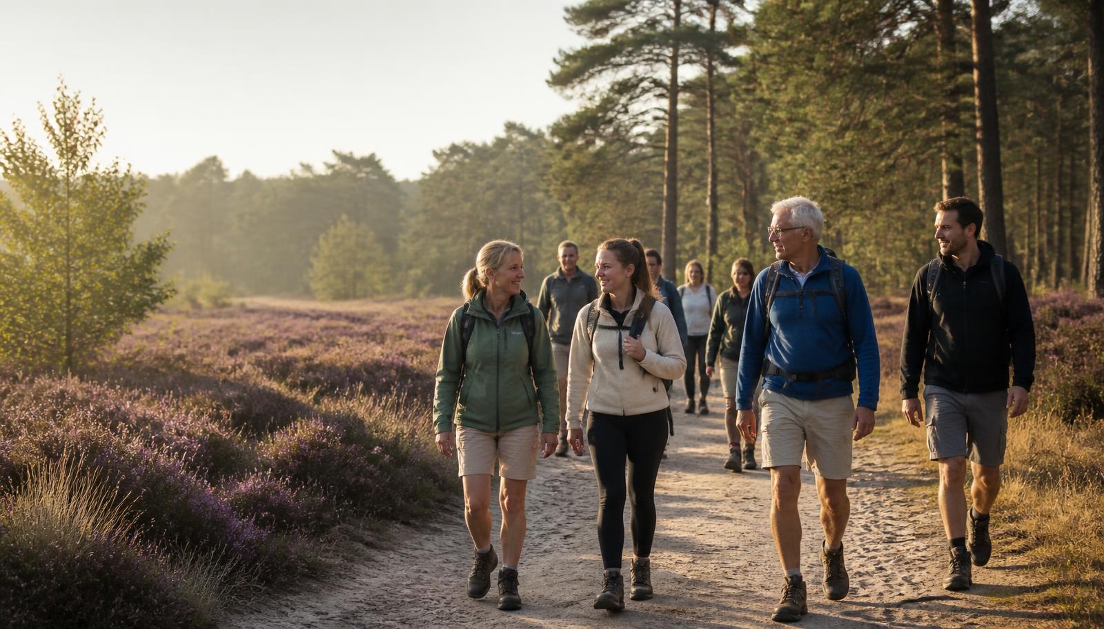 Wandelaars op een zandpad door de Kempense heide